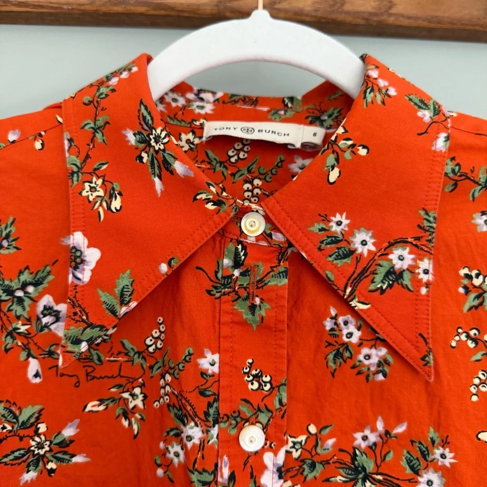 Tory Burch 100% Cotton Orange Floral Classic Oxford Button Down Shirt - Picture 7 of 17